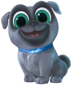 a cartoon dog with big green eyes and a blue collar