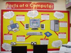 a bulletin board displaying parts of a computer