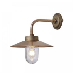 an antique brass wall light with a clear glass shade on the side and a metal arm