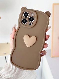 3D Heart Decor Ear Design Phone Case - Brand My Case Iphone Cute Cover, Phone Cases Cute Kawaii, Cute Brown Phone Case, Cute Phone Cases Aesthetic, Mobile Back Cover, Preppy Phone Case, Capas Samsung, 3d Phone Cases, Bling Phone Cases