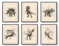 six framed pictures of dinosaurs in black and white, with watercolor splashing on them