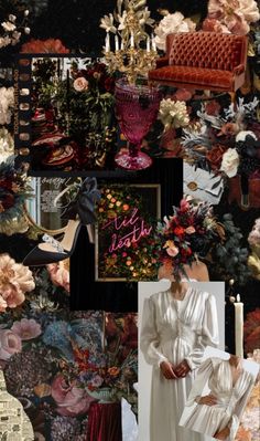 a collage of images with flowers, candles and pictures on the wall above them