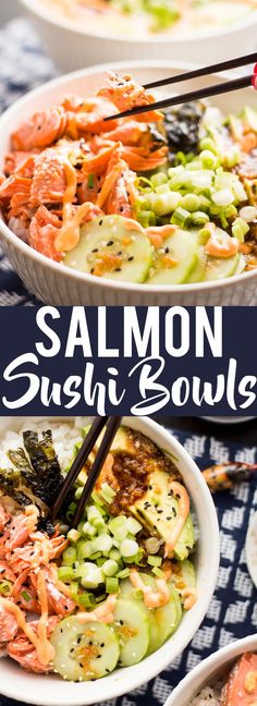 salmon sushi bowls with chopsticks in them