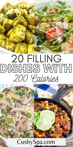 20 filling dishes with calories in the middle and on the bottom, including broccoli