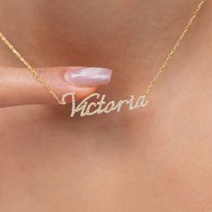 This 14k personalized diamond name necklace is the perfect gift for the bridal party, someone special, or yourself. How to order 1- Pick the fonts you like and send us a message 2- We will send you a picture of your name with the fonts you chose 3- If you like it any of them, place your order. 4- We send a final 3d mock up for approval. 5- Once approved we go ahead and finish your necklace. __________________________________________ M A T E R I A L & L E N G T H Available in 14k Yellow Gold, 14k Personalized Diamond Necklace For Birthday, Personalized Cubic Zirconia Necklaces, Personalized Cubic Zirconia Necklace For Special Gifts, Custom Name Fine Jewelry Nameplate Necklace, Custom Nameplate Necklace In Fine Jewelry Style, Elegant Custom Nameplate Name Necklace, Elegant Custom Name Nameplate Necklace, Customizable Elegant White Gold Name Necklace, Elegant Diamond Name Necklace With Initials