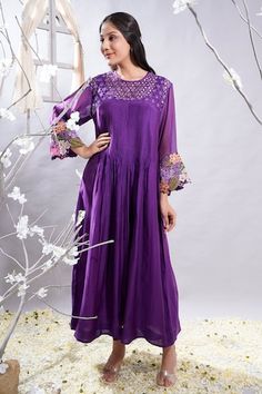 Purple kurta with floral embroidered sleeves, cutwork and pleated yoke. Comes with leggings and slip. - Aza Fashions Spring Anarkali Kurta With Embroidered Sleeves, Designer Fitted Kurta With Embroidered Cuffs, Designer Spring Sets With Embroidered Sleeves, Fitted Kurta With Embroidered Sleeves For Spring, Fitted Kurta With Embroidered Sleeves, Spring Fitted Kurta With Embroidered Neckline, Chikankari Jacket, Kurta Embroidery, Desi Dress