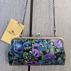 Deep Nature Blue With Floral Print Kiss Lock Closure With Crossbody Chain Italian Leather (Still Smells Like New Leather) Nwt Brand New With Tags In Beautiful Condition Approximate Measurements: 11"W X 6"H X 1.5”D With 19.5" Strap Drop Multicolor Chain Strap Shoulder Bag For Formal Occasions, Formal Multicolor Shoulder Bag With Chain Strap, Purple Chain Strap Shoulder Bag For Formal Occasions, Formal Purple Shoulder Bag With Chain Strap, Elegant Purple Clutch For Daily Use, Deep Nature, Lock Chain, Tooled Leather Purse, Metallic Purse