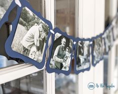 an old photo is hanging on a clothes line in front of a window with pictures