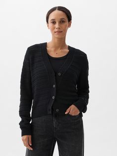 Relaxed Mixed-Stitch Cardigan | Gap Factory Ribbed Cotton V-neck Cardigan, Cotton Pointelle Knit Cardigan, Cotton V-neck Ribbed Cardigan, Casual Textured Knit Sweater For Daywear, Casual Knit Cardigan With Button Cuffs, Casual Ribbed Cardigan For Daywear, Casual Black Pointelle Knit Cardigan, Casual Cardigan With Button Cuffs For Layering, Casual Button-up Knit V-neck Sweater