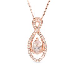 Desirable and dramatic, this gemstone and diamond infinity pendant is a treat for the eyes. Crafted in precious 10K rose gold, this luxurious look features an artful infinity symbol shape lined with sparkling diamonds. Nestled at the center in a sculpted polished ribbon, a 6.0 x 4.0mm pear-shaped soft-pink morganite completes this graceful design. Captivating with 1/8 ct. t.w. of diamonds and a brilliant buffed luster, this pendant suspends along an 18.0-inch box chain that secures with a spring Elegant Rose Gold Infinity Necklace, Luxury Rose Gold Infinity Jewelry, Elegant Infinity Gemstone Jewelry, Rose Gold Infinity Jewelry With Diamond Accents, Elegant Infinity Diamond Cut Jewelry, Rose Gold Teardrop Pendant Fine Jewelry, Rose Gold Teardrop Pendant With Diamond Cut, Rose Gold Teardrop Pendant With Brilliant Cut, Elegant Rose Gold Jewelry With Halo Setting