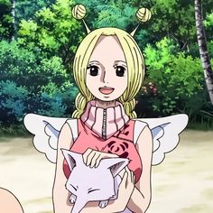 an anime character is holding a pig in her hands and looking at the camera, with trees behind her