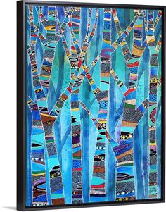 an abstract painting with blue and green colors on the canvas, it is framed in black frame