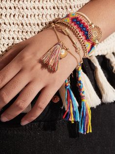 Tassel & Arrow Charm Boho Bracelet Set 4pcs - Hipimi Pearls Fashion, Jewerly Bracelets, Boho Chic Bracelets, Latest Bracelets, Arrow Bracelet, Jewelry Staples, Bracelets Design, Chic Bracelet, Tassel Bracelet