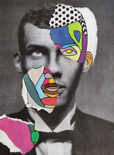 a man wearing a suit and bow tie with different colored pieces of paper covering his face