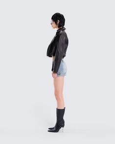 The perfect fit for asserting your dominance 😏 Take them for a wild ride in this chic and edgy three-piece set featuring a vintage black cropped jacket, a black turtleneck cropped jacket, and a denim mini skirt 🖤 Trendy Fitted Cropped Outerwear, Trendy Cropped Fitted Outerwear, Trendy Fitted Cropped Jacket, Biker Cropped Jacket For Streetwear In Spring, Biker Cropped Jacket For Spring Streetwear, Trendy Fitted Cropped Jacket For Streetwear, Casual Cropped Outerwear For Night Out, Edgy Cropped Biker Jacket For Night Out, Trendy Cropped Biker Jacket For Night Out