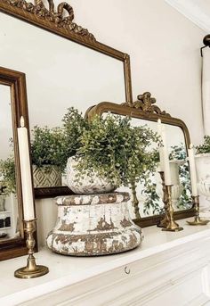 a white mantle topped with a potted plant next to a mirror and candle holders