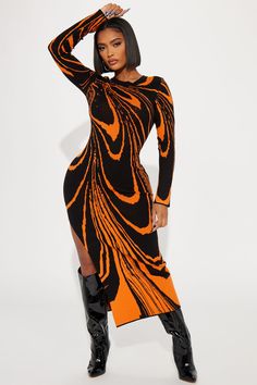 Available In Orange/combo And Black/combo. Sweater Maxi Dress Abstract Print High Neckline Long Sleeves Stretch Disclaimer Pattern Placement May Vary 50% Rayon 30% Polyester 20% Nylon Imported | Amara Abstract Sweater Maxi Dress in Orange size 3X by Fashion Nova Knitted Long Sleeve Sweater Dress In Acrylic, Casual Knitted Acrylic Sweater Dress, Orange Long Sweater Dress, Long Sleeve Maxi Dress Fashion Nova, Fashion Nova Sweaters, Xl Fashion, Sweater Maxi Dress, Sweater Jumpsuit, Maxi Dress Blue