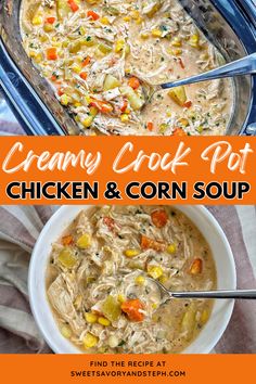 creamy crock pot chicken and corn soup in a white bowl