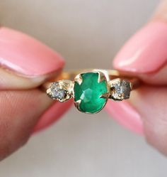 Fancy cut Emerald Diamond Gold Engagement Ring, Partial faceted emeral – Capucinne Raw Diamond Engagement Rings, Natural Emerald Rings, Emerald Rings, Nail Jewelry, Natural Diamond Engagement Ring, Emerald Engagement, Raw Diamond, Gold Engagement Ring, Diamond Gold