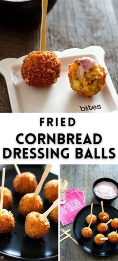 fried cornbread dressing balls with toothpicks in them and dipping sauce on the side