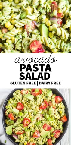 pasta salad with avocado and tomatoes in a black bowl on a white table