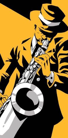 a man with a hat and suit playing a saxophone in front of a yellow background