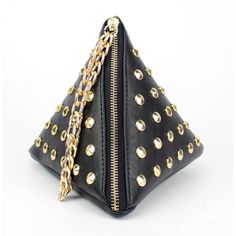 This Wristlet Is Super Unique!! Shaped As A Black Triangle, There Are Gold Studs All Over This Baby! The Handle Is Made Of A Gold Chain As Well & This Bag Is Much Larger Than Expected! It’s Actually A Great Size! May Not Fit Your Phone, But It’s Super Trendy & So Hot With The Right Outfit! Triangle Change Purse, Triangle Bag, Studded Clutch, Studded Purse, Pu Bag, Studded Bag, Vintage Shoulder Bag, Large Shoulder Bags, Types Of Bag