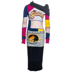 ▪ Dolce & Gabbana (D&G) multicoloured jersey patchwork two piece set ▪ 94% Cotton, 6% Spandex ▪ Contrast overlocked stitch detail ▪ Extra long sleeves ▪ Rib-knit long collar ▪ Pencil skirt with button detail around waist ▪ Deconstructed style ▪ Size XS ▪ c. Early 2000's Jersey Patchwork, Patchwork Tshirt, Dolce And Gabbana Suits, Sweater And Skirt, Bustle Skirt, Suit Outfit, Patchwork Sweater, Loose Fit Blouse, Ruffle Jacket