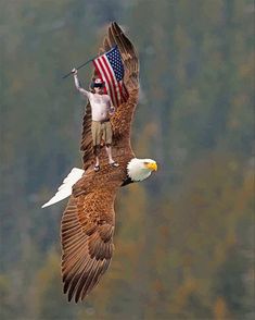 an eagle with a man on it's back flying in the air and holding a flag