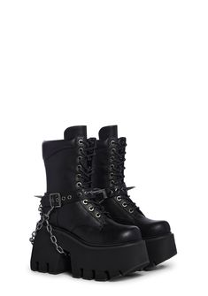 only the strong survive. These combat boots have a vegan leather construction, front lace up closure, removable o-ring belts, spiked detailing, removable chainlink, and cushioned upper. Black Aesthetic Shoes, Black Shoes Aesthetic, Spring Heels, Goth Shoes, Goth Boots, Punk Boots, Shoe Wardrobe, Black Combat Boots, Girly Shoes