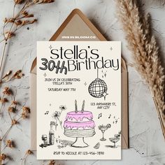 a birthday card for stella's 30th birthday with an illustration of a cake and candles