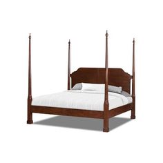 a wooden bed with four posts and white sheets on it's headboard, in front of a white background