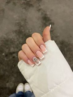 French Nails With Cross Charm, Nails Christian Design, Christian Inspired Nails, French Nails With Cross, Short Square Nails With Charms, French Tip With Cross Charm, God Nails Design, Nails With Cross Charm, Christian Nails Designs