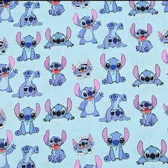 a blue background with many different stitchers and cartoon characters on it's surface