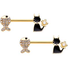 14 Gauge (1.6mm), 9/16" (14mm), Gold Tone PVD over 316L Surgical Grade Stainless Steel Straight Barbells, Sold as a Pair 14 Gauge 9/16 Clear Gem Gold Tone Fish Black Cat Barbell Nipple Ring Set The kitty's dinner is so close....and yet so far! This 14 gauge nipple jewelry is made with 14mm gold tone PVD over 316L surgical grade stainless steel straight barbells. One end is the patient black cat charm holding a small flower with its tail. The flower has a small white orb at the center, adding a c Conch Piercing Jewelry, Opal Nose Ring, Daith Piercing Jewelry, Pregnancy Belly Rings, Tragus Piercing Jewelry, Horseshoe Jewelry, Helix Piercing Jewelry, Gold Belly Ring, Ear Hangers