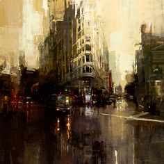 an oil painting of a city street at night