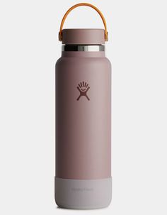 a pink water bottle with a wooden handle on the side and a brown lid, sitting in front of a white background