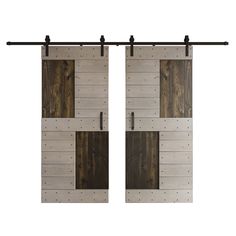 two wooden doors with metal handles on each side and wood planks on the outside