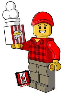 the lego man is holding a box of popcorn