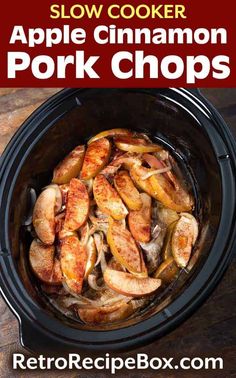 slow cooker apple cinnamon pork chops in the crock pot with text overlay