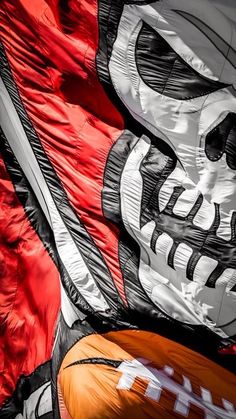 an image of a football helmet and skull on the side of a flag that is flying in the wind