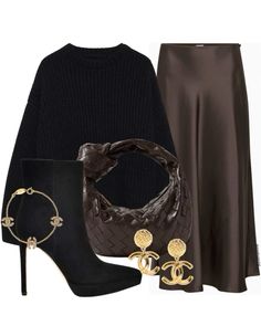 Skirt Chic Outfit, Brown Satin Skirt, Winter Outfits Elegant, Quiet Luxury Fashion, Elegant Outfit Ideas, Satin Skirt Outfit, Monday Christmas, Transitional Outfits, Trendy Fashion Outfits