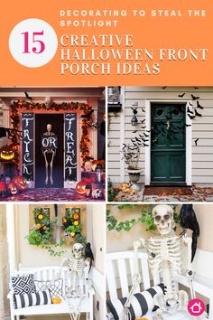 the front porch decorated for halloween with pumpkins and skeletons on it, and text overlay