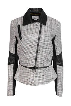 Current Boutique-Nicole Miller - Black & White Woven Moto-Style Jacket Sz L Sleek Tailored White Outerwear, Sleek White Outerwear For Work, Sleek White Outerwear For Office, Spring Workwear Blazer With Zipper Closure, White Zipper Closure Outerwear For Work, Color Block Design, Dressy Fashion, Woven Jacket, Moto Style