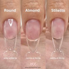 Round VS Almond VS Stiletto ❤︎︎ 𝙇𝙞𝙣𝙠 𝙞𝙣 𝙗𝙞𝙤 ❤︎ • • • #getnailed #beginnernailtech #nailsswag #nailed #nailgoals #nailtechlife… | Instagram Rounded Stiletto Nails, Long Round Nails, Round Shaped Nails, Round Nail Designs, Nail Tip Shapes, White Almond Nails, Long Almond Nails, Pointy Nails, Almond Shape Nails