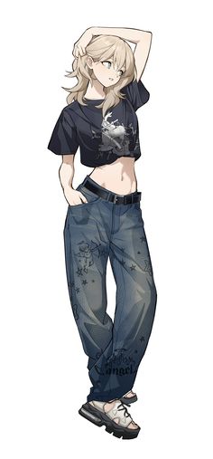 a drawing of a girl with blonde hair and blue jeans