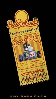 a ticket for the red velvet festival with an image of a man on a train