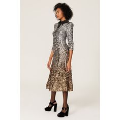 Silver sequins (100% Polyester). Hourglass. Collared neckline. Three-quarter sleeves. Back zipper closure. 50.5" from shoulder to hemline. Imported. Glamorous Formal Midi Dress With Contrast Sequin, Formal Long Sleeve Sequined Midi Dress, Cocktail Midi Dress With Sequins And Short Sleeves, Embellished Sequin Dress For Festive Fall Events, Embellished Sequin Dress For Festive Fall Occasions, Fitted Dress With Sequins And 3/4 Sleeves, Fitted Sequin Dress With 3/4 Sleeves, Cocktail Short Sleeve Sequin Midi Dress, Short Sleeve Sequin Midi Dress For Cocktail