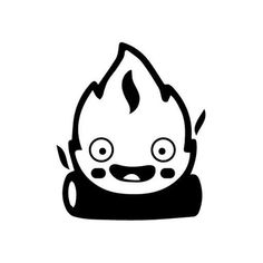 a black and white drawing of a fire with eyes on it's face, smiling