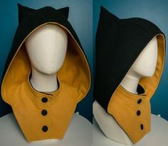 two views of a mannequin's head wearing a yellow and black jacket